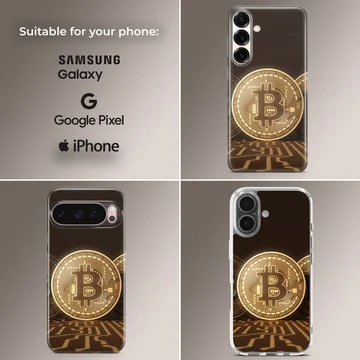 Golden Bitcoin design on a sleek phone case — Collage