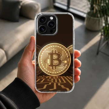 Golden Bitcoin design on a sleek phone case — Lifestyle