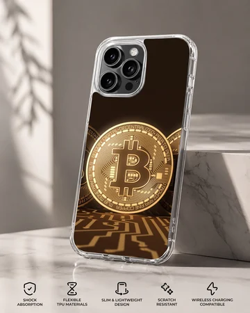 Golden Bitcoin design on a sleek phone case — Specs