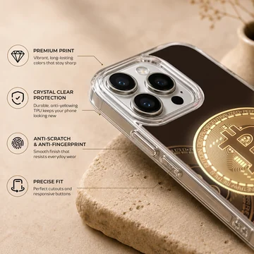 Golden Bitcoin design on a sleek phone case — Info