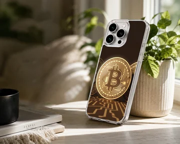 Golden Bitcoin design on a sleek phone case — Lifestyle