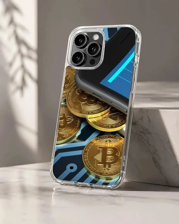 Dynamic design featuring golden coins and crypto elements on a phone case