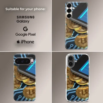 Dynamic design featuring golden coins and crypto elements on a phone case — Collage
