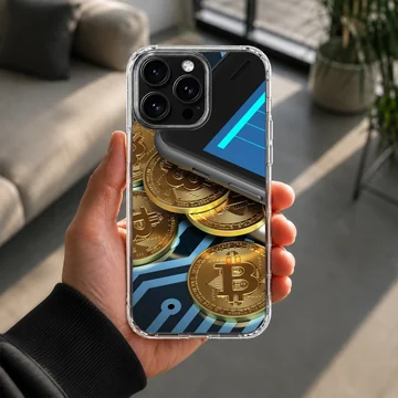 Dynamic design featuring golden coins and crypto elements on a phone case — Lifestyle