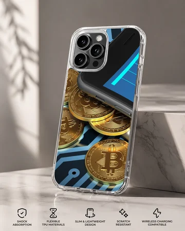 Dynamic design featuring golden coins and crypto elements on a phone case — Specs