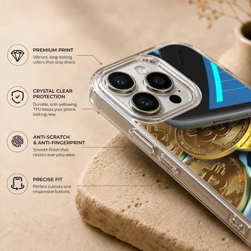 Dynamic design featuring golden coins and crypto elements on a phone case — Info