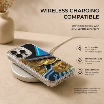 Dynamic design featuring golden coins and crypto elements on a phone case — Charging
