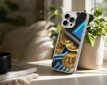 Dynamic design featuring golden coins and crypto elements on a phone case — Lifestyle