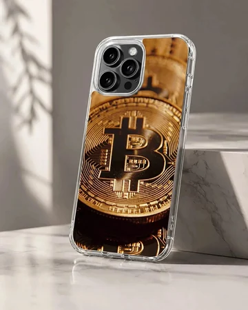 Illustration of golden bitcoins on a stylish phone case