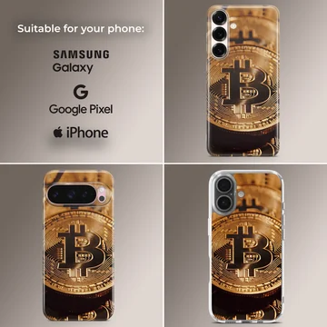 Illustration of golden bitcoins on a stylish phone case — Collage