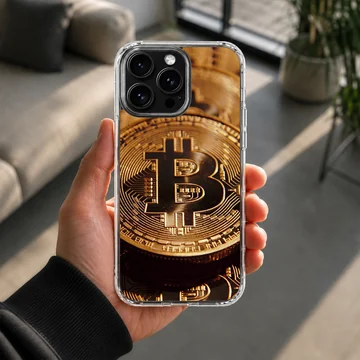Illustration of golden bitcoins on a stylish phone case — Lifestyle