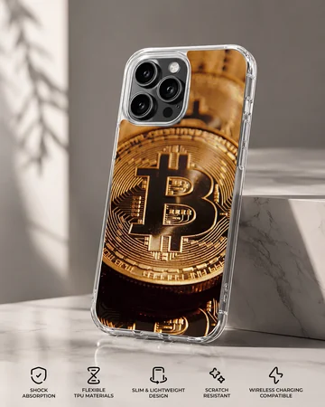 Illustration of golden bitcoins on a stylish phone case — Specs