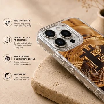 Illustration of golden bitcoins on a stylish phone case — Info