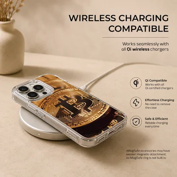 Illustration of golden bitcoins on a stylish phone case — Charging