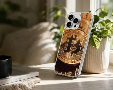 Illustration of golden bitcoins on a stylish phone case — Lifestyle