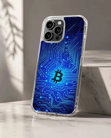 Vibrant blue digital illustration featuring cryptocurrency design phone case