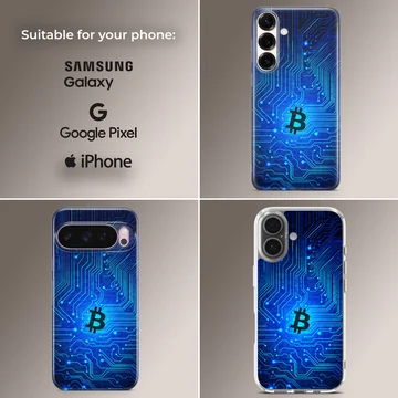 Vibrant blue digital illustration featuring cryptocurrency design phone case — Collage