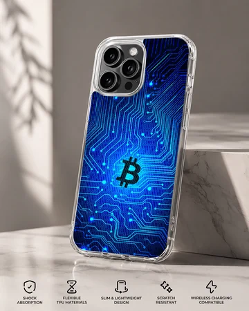 Vibrant blue digital illustration featuring cryptocurrency design phone case — Specs