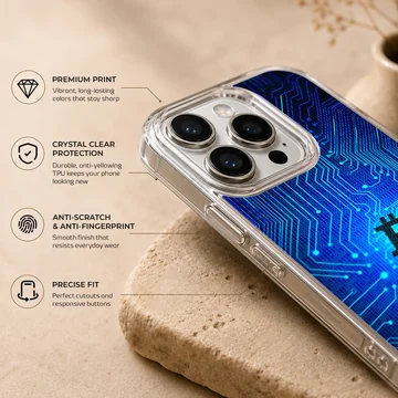 Vibrant blue digital illustration featuring cryptocurrency design phone case — Info