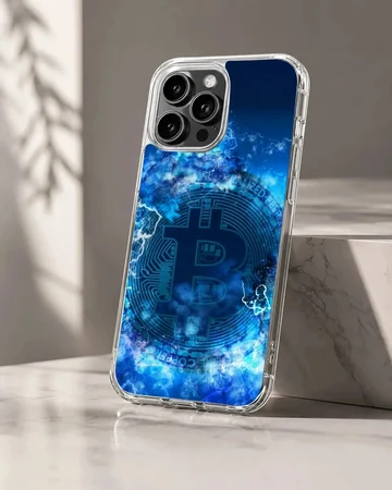 Bold Bitcoin design with blue and black colors on a phone case