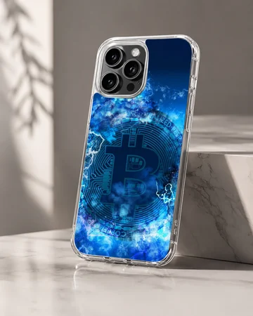 Bold Bitcoin design with blue and black colors on a phone case — Hero