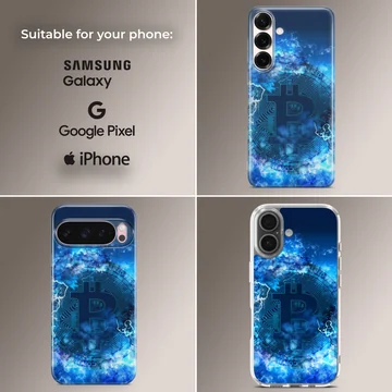 Bold Bitcoin design with blue and black colors on a phone case — Collage