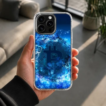 Bold Bitcoin design with blue and black colors on a phone case — Lifestyle