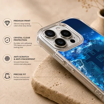 Bold Bitcoin design with blue and black colors on a phone case — Info