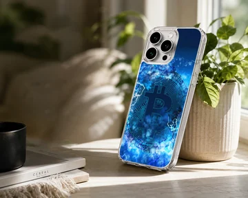 Bold Bitcoin design with blue and black colors on a phone case — Lifestyle