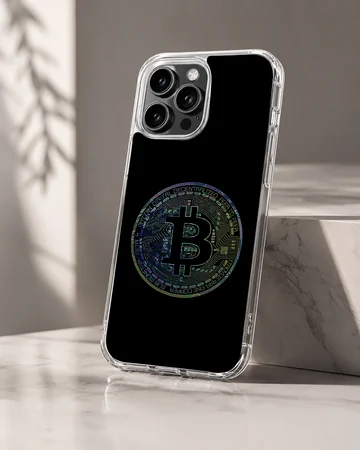 Colorful Bitcoin design on a black background phone case — Hero