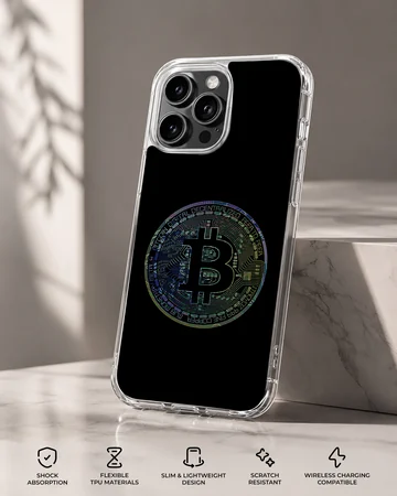 Colorful Bitcoin design on a black background phone case — Specs