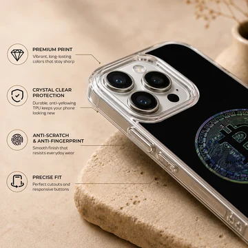 Colorful Bitcoin design on a black background phone case — Info