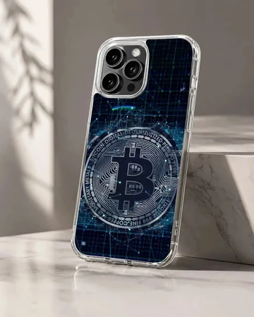 Bold Bitcoin design on a dark blue digital background phone case