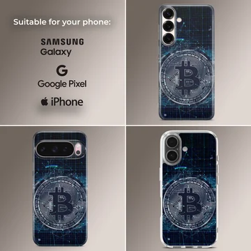 Bold Bitcoin design on a dark blue digital background phone case — Collage