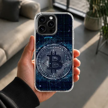 Bold Bitcoin design on a dark blue digital background phone case — Lifestyle