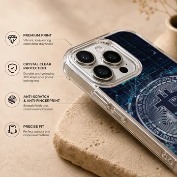Bold Bitcoin design on a dark blue digital background phone case — Info