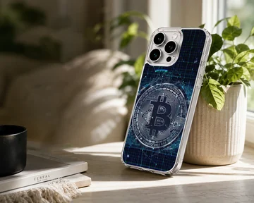 Bold Bitcoin design on a dark blue digital background phone case — Lifestyle