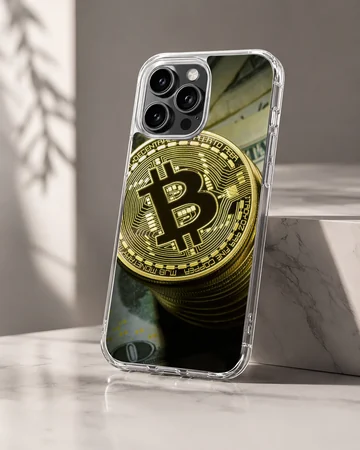 Gold Bitcoin coins stacked with currency notes on a phone case — Hero