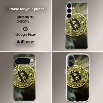 Gold Bitcoin coins stacked with currency notes on a phone case — Collage