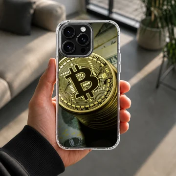 Gold Bitcoin coins stacked with currency notes on a phone case — Lifestyle