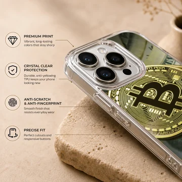 Gold Bitcoin coins stacked with currency notes on a phone case — Info