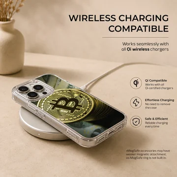 Gold Bitcoin coins stacked with currency notes on a phone case — Charging