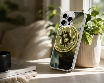 Gold Bitcoin coins stacked with currency notes on a phone case — Lifestyle