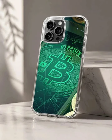 Crypto-themed artwork featuring Bitcoin on a phone case