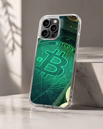 Crypto-themed artwork featuring Bitcoin on a phone case — Hero