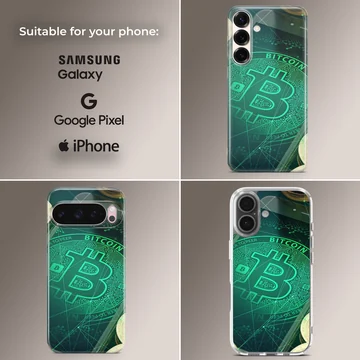 Crypto-themed artwork featuring Bitcoin on a phone case — Collage