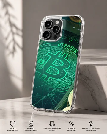 Crypto-themed artwork featuring Bitcoin on a phone case — Specs