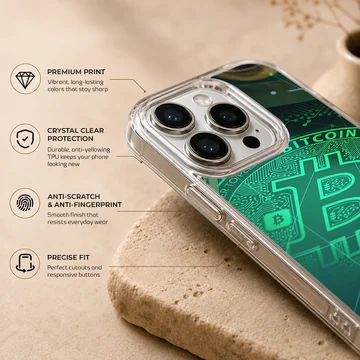 Crypto-themed artwork featuring Bitcoin on a phone case — Info