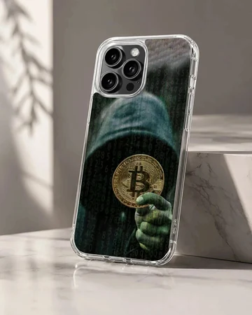 Mysterious hacker holding a Bitcoin with digital code background phone case