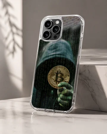 Mysterious hacker holding a Bitcoin with digital code background phone case — Hero
